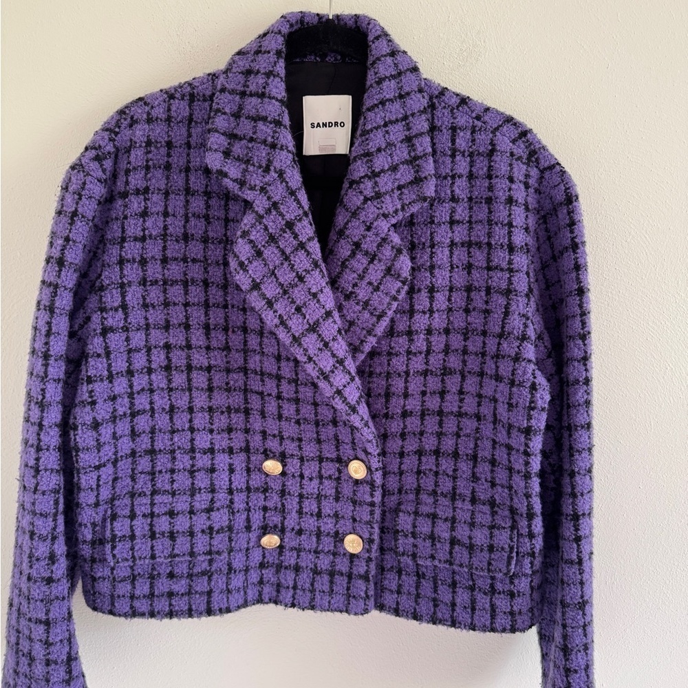 Sandro Purple Simona Cropped Tweed Blazer French 42 - Picture 2 of 11